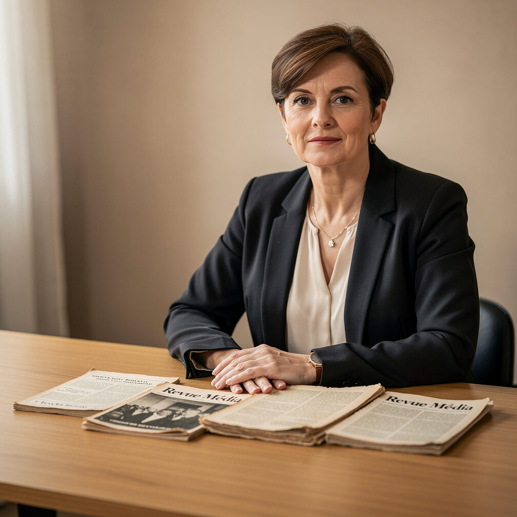 Portrait of a Swiss French media historian and editor reviewing advertising archives