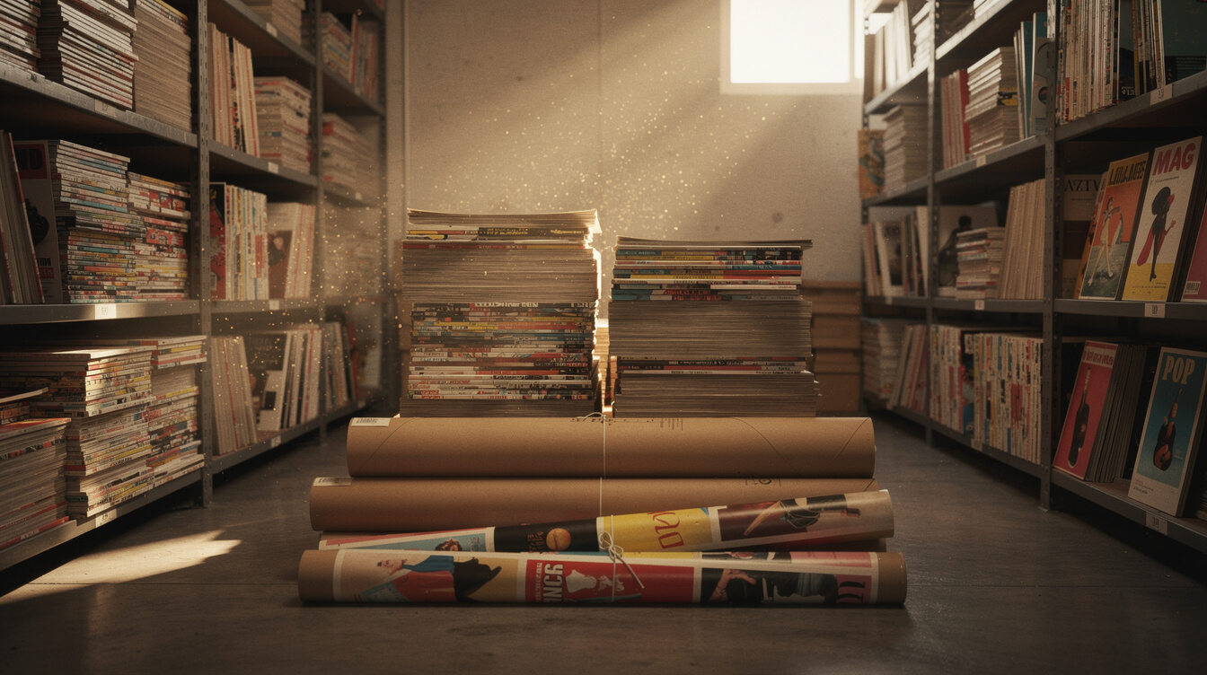 Archive shelves filled with old advertising posters and print magazines